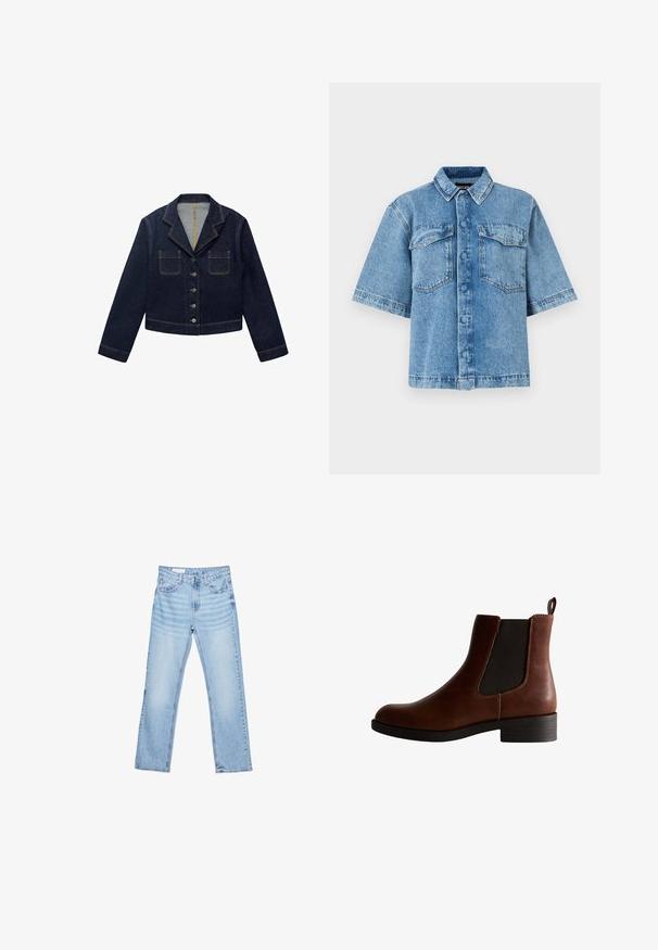 Mørkeblå denimjakke med klapkrave, to forlommer og knaplukning. Har synlige sømme og en cropped design.; Kortærmet denimskjorte i lyseblå med spread krave, to brystlommer og knaplukning fortil. Skjorten har en afslappet pasform og synlige syninger.; Lyseblå denimjeans med lige pasform, fem-lomme-design og synlig syning. Mellem-høj talje med klassisk knap- og lynlåslukning.; Brun læder ankelstøvle med elastiske sidepaneler, rund tå og en lav blockhæl. Har kontrastsyngninger og en pull-tab.