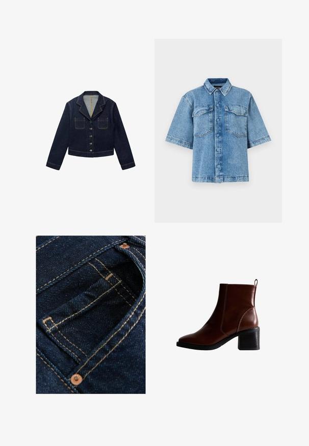 Mørkeblå denimjakke med klapkrave, to forlommer og knaplukning. Har synlige sømme og en cropped design.; Kortærmet denimskjorte i lyseblå med spread krave, to brystlommer og knaplukning fortil. Skjorten har en afslappet pasform og synlige syninger.; Mørkeblå denim stof med synlig syning i en kontrasterende lys farve, med en lille lomme og detaljer med metalknap.; Brun læder ankelstøvle med firkantet tå og sidesøm, en 7,5 cm stablet hæl og en trækflap bagpå for nem påtagning.