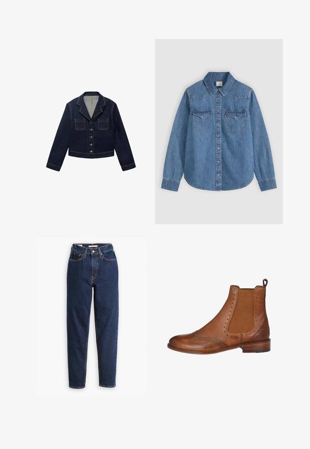 Mørkeblå denimjakke med klapkrave, to forlommer og knaplukning. Har synlige sømme og en cropped design.; Langærmet blå denim skjorte med knapper, spids krave og to brystlommer med klap på en lys baggrund.; Mørkeblå denimjeans med høj talje, femlommedesign og lige ben. Kontrastsyninger og knaplukning.; Brune læder Chelsea-støvle med elastiske sidepaneler, brogue-detaljer og en pull tab. Har en rund tå og en stablet hæl.