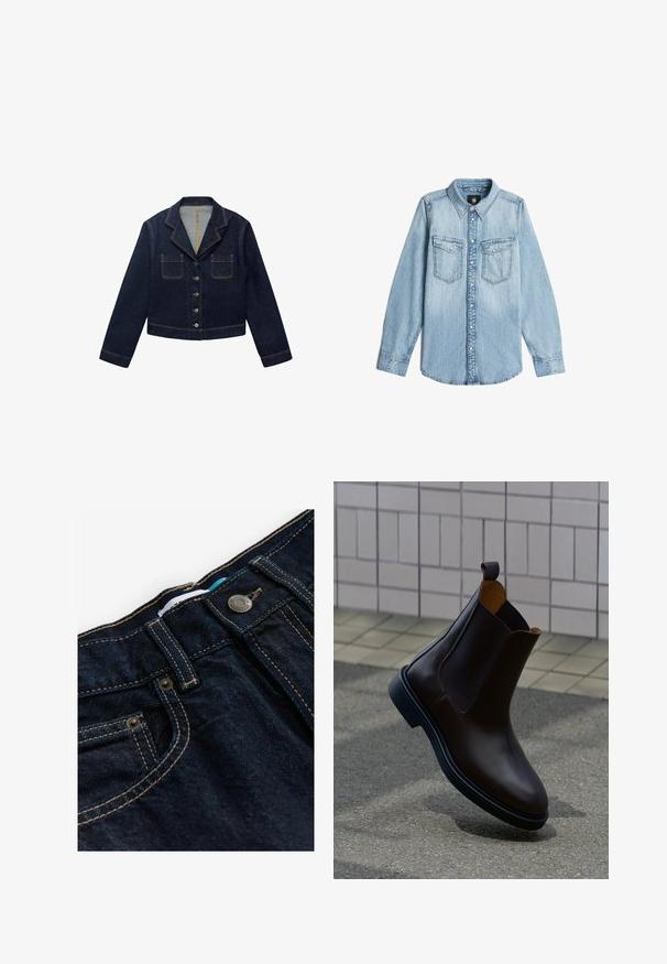 Donkerblauwe denimjacket met een gesneden kraag, twee voorkezen en knoopsluiting. Heeft zichtbare naden en een cropped ontwerp.; Lichtblauwe denim overhemd met lange mouwen, kraag, knoopsluiting aan de voorkant en twee borstzakken met knoopflappen.; Donkerblauwe spijkerbroek met een standaard tailleband, contrasterende gouden stiksels en een metalen knop. Heeft een klein voorvak en een etiket.; Donkerbruine leren Chelsea-laars met trekriem en elastische zijpanelen, geplaatst op een grijze bestrating met een betegelde muur op de achtergrond.