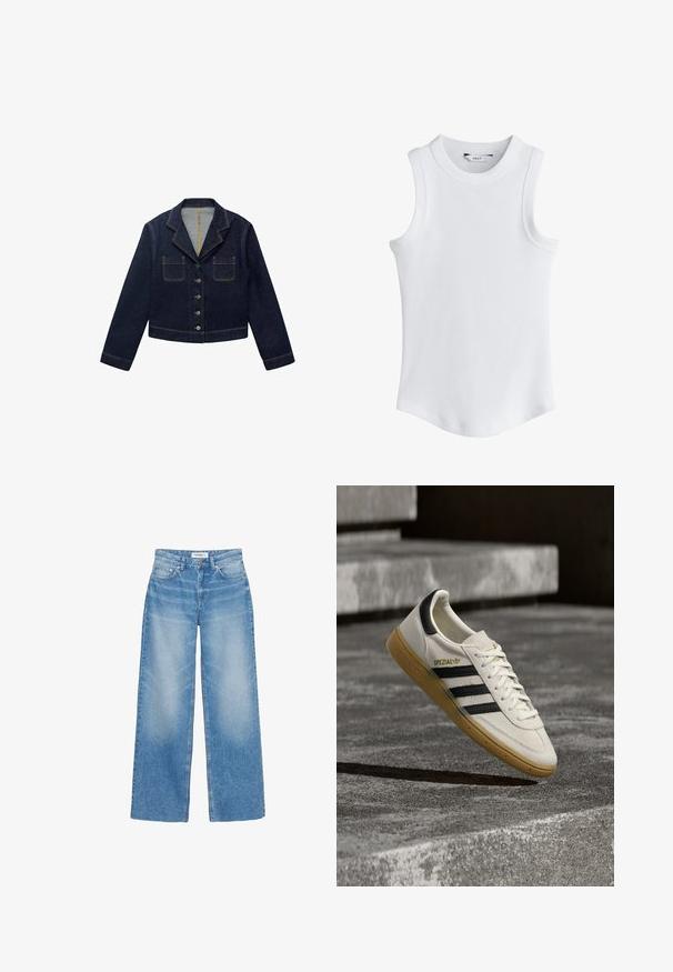 Donkerblauwe denimjacket met een gesneden kraag, twee voorkezen en knoopsluiting. Heeft zichtbare naden en een cropped ontwerp.; Mouwloos wit geribd gebreid topje met hoge ronde halslijn en afgeronde zoom, voorzien van het merklabel "NEXT" aan de binnenkant van de kraag.; Blauwe wijd uitlopende spijkerbroek met voorkanten zakken, riemlussen en knoopsluiting, weergegeven op een witte achtergrond.; Witte Adidas Spezial sneaker met zwarte strepen en gumzool, zwevend boven grijze stenen trappen buiten.