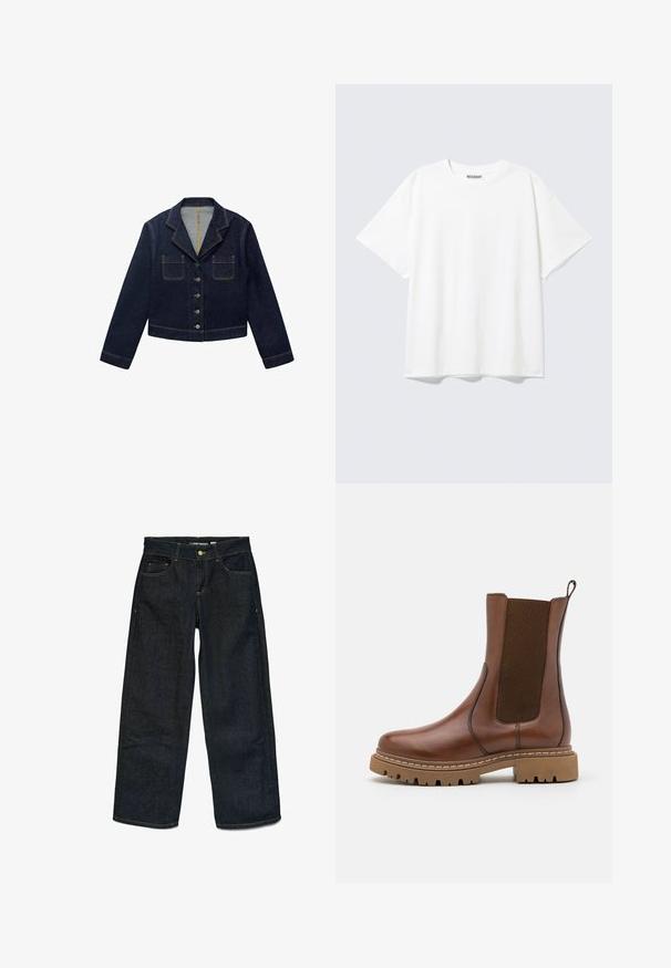 Mørkeblå denimjakke med klapkrave, to forlommer og knaplukning. Har synlige sømme og en cropped design.; Hvid T-shirt med korte ærmer og rund halsudskæring med en afslappet pasform og et "WEEKDAY" mærke på indersiden af nakken bagtil.; Mørkeblå, brede denimbukser med forhånds- og møntlommer, kontrasterende gul syning, knaplukning og bæltestropper.; Brune læder ankelstøvle med elastiske paneler og en trækflap. Har en kraftig gummisål og synlige stikninger langs kanterne.