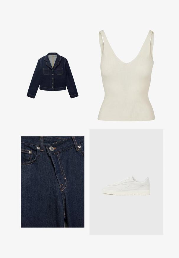 Mørkeblå denimjakke med klapkrave, to forlommer og knaplukning. Har synlige sømme og en cropped design.; Ribbede creme tanktop med brede skulderstropper og dyb V-udskæring, med en tætsiddende silhuet og blød tekstilstruktur.; Nærbillede af mørkeblå denimjeans foran med metalknap, lynlås, forlommer og orange syningsdetaljer.; Stuart Weitzman RUNAROUND - Sneakers - white