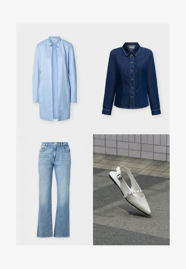 Lichtblauwe damesjas met lange mouwen, een opstaande kraag, open voorkant en twee zijzakken, weergegeven op een effen achtergrond.; Donkerblauw denim shirt met lange mouwen, knopen aan de voorkant en kraag, zichtbare stiksels en merklintje binnen in de hals.; Lichtblauwe denim jeans met hoge taille, licht uitlopende pijpen en klassiek ontwerp met vijf zakken.; Witte puntige slingback platte schoen met twee zilveren gespen, getoond buiten op een getextureerde ondergrond en betegelde muur als achtergrond.