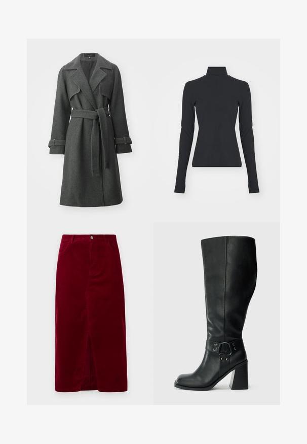 Grijze wollen trenchcoat met een ceintuur in de taille, een gekartelde kraag en lange mouwen met tabs. Bevat contraststiksel en heeft een rechte snit.; Zwarte geribbelde coltrui met lange mouwen, nauwsluitende pasvorm, gladde textuur en subtiele rek, ontworpen voor comfort en laagjes.; Bordeaux corduroy rok met een rechte pasvorm, een split aan de voorkant, riemlussen en twee zakken, voorzien van een knoopsluiting aan de voorkant.; Kniehoge zwarte leren laarzen met een vierkante neus, brede hak en een decoratieve band met metalen accenten rond de enkel. Gladde textuur.