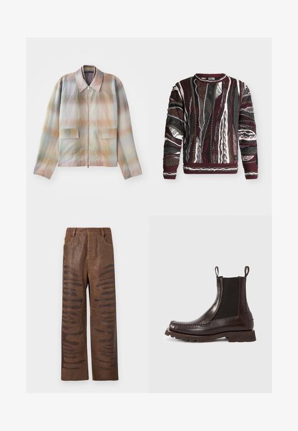 Veste zippée à col structuré, présentant un motif dégradé pastel, deux poches avant et un tissu lisse légèrement texturé.; Pull en maille à manches longues avec des motifs verticaux multicolores bordeaux, noir, blanc et gris, avec des détails texturés et côtelés.; Pantalons en simili cuir marron avec une finition texturée, dotés de découpes horizontales allongées le long des côtés et d'un design à jambes droites.; Bottes Chelsea en cuir marron avec panneaux latéraux élastiques, semelle en caoutchouc et détails cousus le long de l'avant-pied. Dotées d'anneaux de traction pour un enfilage facile.
