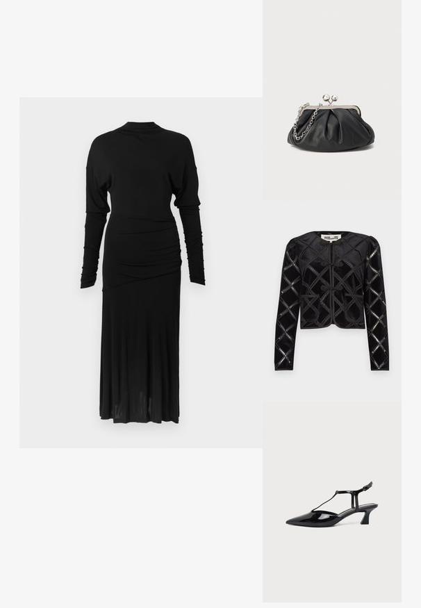 Veste courte en velours noir présentant un motif en losanges avec des accents brillants, un col rond, des boutons à bascule et deux poches avant.; Robe noire à manches longues avec un col montant, des détails froncés sur le côté et une jupe fluide. Confectionnée dans un tissu lisse et élastique.; Chaussure slingback en cuir verni noir à bout pointu avec bride en T et petit talon bloc incliné sur fond blanc.; Porte-monnaie en cuir noir avec texture froncée, cadre en métal argenté, fermeture à verrouillage kiss-lock et bandoulière en chaîne. Surface lisse et douce.