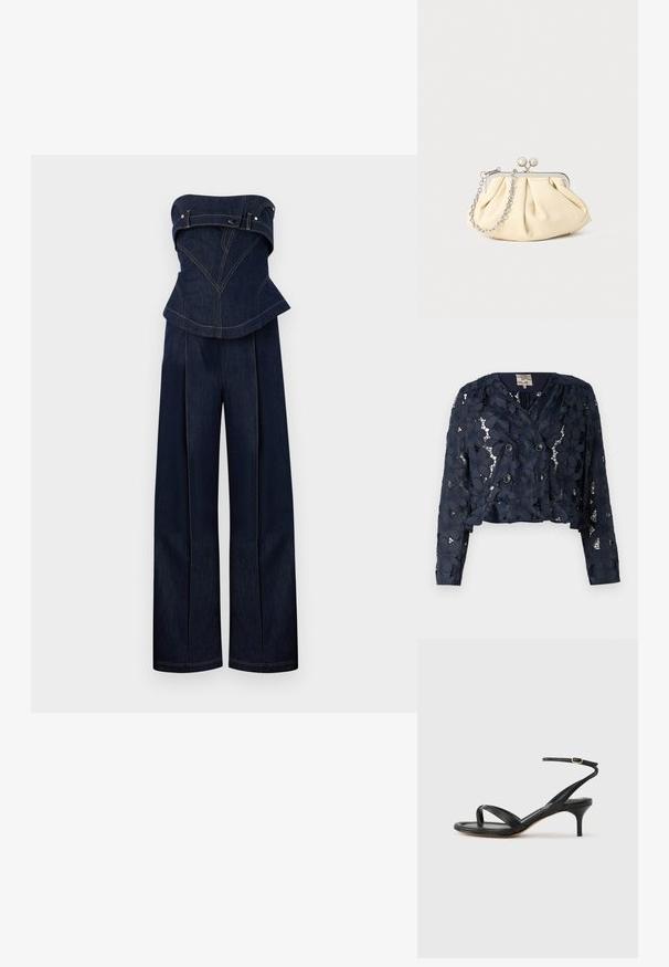 Marineblå cropped jakke lavet af blonde med blomsterprint, med en dobbeltbrystet lukning og to knapper. Tekstureret, semi-gennemsigtig stof.; Mørkeblå denim stropløs jumpsuit med struktureret top og vidde bukser, med kontrastsyninger og bælte-detaljer ved brystet.; Sort damesandal i læder med tynde remme, en tå-loop, ankelspænde og en mellemhøj stiletthæl på en neutral baggrund.; Plisseret beige læderclutch med en sølvmetalramme, der har to runde dekorative låse og en sølvkædetrasporte.