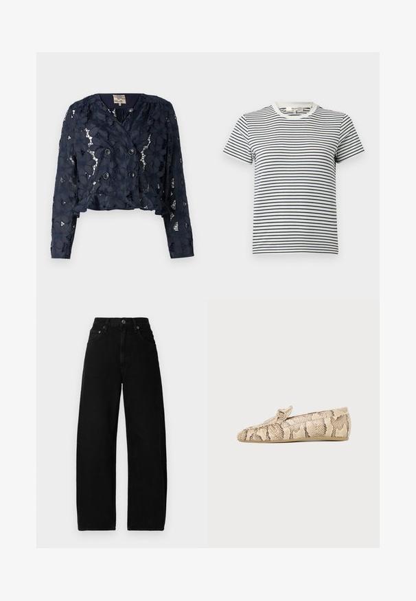 Marineblå cropped jakke lavet af blonde med blomsterprint, med en dobbeltbrystet lukning og to knapper. Tekstureret, semi-gennemsigtig stof.; Stribet T-shirt i hvid og marineblå med korte ærmer og rund halsudskæring. Har vandrette striber i forskellige bredder. Blødt bomuldsstof.; Sorte denim brede benjeans med høj talje, der har en frontknaplukning, lommer og en glat, mat tekstur.; Beige og brun flad loafer med slangeskindsprint, rund tå og spænde detaljer på toppen, set fra siden på en ensfarvet baggrund.