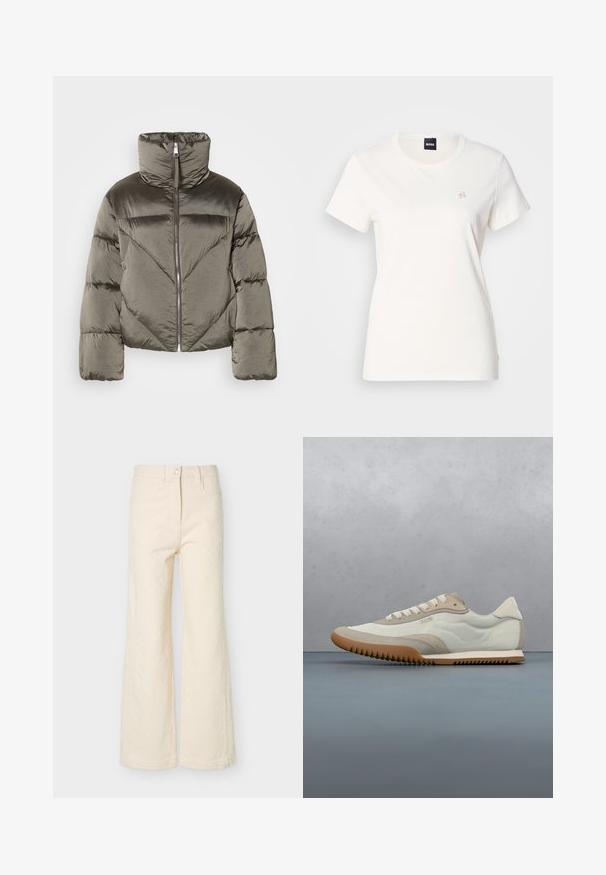Doudoune olive avec un col montant, une fermeture éclair et un motif de matelassage diagonal. Dispose de manches volumineuses et d'un design cropped.; T-shirt en coton blanc avec un col rond et des manches courtes. Présente un petit logo brodé sur la poitrine. Texture lisse.; Pantalon crème taille haute à jambes larges avec bouton avant, fermeture éclair, passants pour ceinture, et détail subtil en tissu texturé.; Sneakers blancs et beiges avec une tige lisse et des accents en daim, une semelle texturée et des coutures ton sur ton. Fermeture à lacets avec détail de logo.