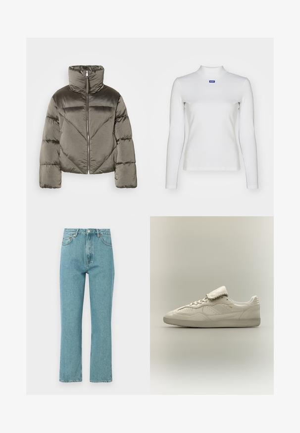 Doudoune olive avec un col montant, une fermeture éclair et un motif de matelassage diagonal. Dispose de manches volumineuses et d'un design cropped.; Haut à col roulé blanc à manches longues en tissu extensible, avec une coupe ajustée et un petit logo bleu sur la poitrine.; Jeans bleu clair taille haute avec une coupe droite. Fabriqués en denim, comportent des poches frontales et une fermeture à bouton.; Basket basse blanche avec semelle texturée, laçage avant, languette rembourrée et marquage doré discret sur le côté, présentée sur un fond neutre.