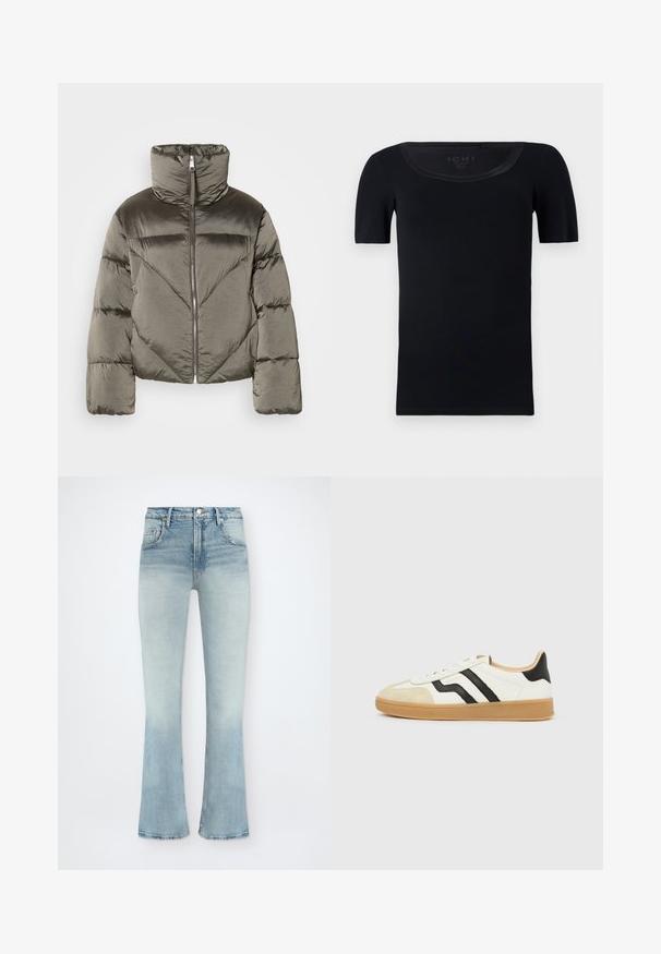 Doudoune olive avec un col montant, une fermeture éclair et un motif de matelassage diagonal. Dispose de manches volumineuses et d'un design cropped.; T-shirt noir à manches courtes en coton doux. Présente un col large et une coupe ajustée avec une texture lisse et sans motifs visibles.; Jean en denim bleu clair taille haute avec lavage délavé, poches avant, fermeture par boutons, et jambes légèrement évasées sur fond blanc.; Baskets blanches avec embout beige, bandes latérales noires, semelle brun clair et design bas.