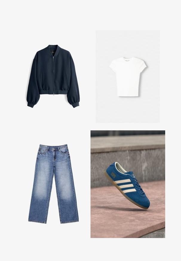 Marineblaue Bomberjacke mit vorderem Reißverschluss, gerippten Bündchen und Saum, zwei vorderen Schlitztaschen und einem gerippten Kragen.; Weißes kurzärmliges T-Shirt aus weicher Baumwolle, mit Rundhalsausschnitt und figurbetonter Form. Keine sichtbaren Muster oder Verzierungen.; Hellblaue Denim-Jeans mit weitem Bein, Fronttaschen, Gürtelschlaufen, Knopfverschluss und dezentem Verblassen an den vorderen Oberschenkeln.; Blaue Wildledersneaker mit cremefarbenen Streifen und Schnürsenkeln, Gummisohle in Karamellfarbe, strukturierte Oberfläche, abgerundete Zehenpartie und Markenlogo an der Seite.