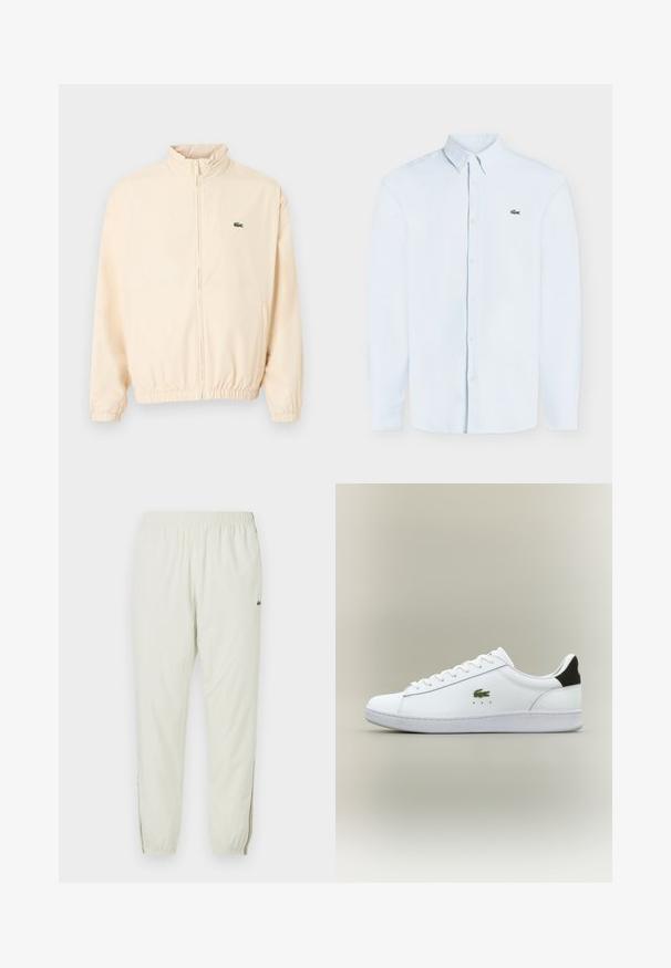 Veste beige à fermeture éclair avec poignets et ourlet élastiques, col montant, et petit logo crocodile vert sur le côté gauche de la poitrine.; Chemise bleu clair à manches longues avec boutons, col boutonné et petit logo crocodile vert sur la poitrine gauche.; Jogging léger crème avec une taille élastique, des chevilles resserrées, des fentes latérales et un petit logo vert sur la cuisse supérieure.; Baskets en cuir blanc avec une finition lisse, arborant un logo crocodile brodé vert, une semelle blanche plate et un accent de talon noir.