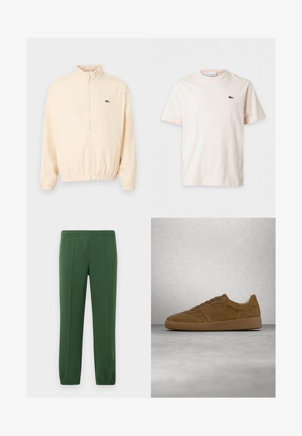 Veste beige à fermeture éclair avec poignets et ourlet élastiques, col montant, et petit logo crocodile vert sur le côté gauche de la poitrine.; T-shirt uni beige clair à manches courtes avec col rond et petit logo crocodile vert sur la poitrine gauche.; Pantalons de survêtement verts en tissu doux ; dotés d'une taille élastique, de jambes fuselées et d'un petit logo sur le côté.; Baskets en daim marron avec des lacets couleur fauve et une semelle en caoutchouc. Présente un bout arrondi et des détails cousus sur la tige. Design léger.