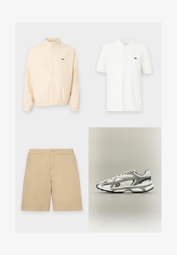 Veste beige à fermeture éclair avec poignets et ourlet élastiques, col montant, et petit logo crocodile vert sur le côté gauche de la poitrine.; Polo-shirt blanc en coton lisse avec un col classique, patte de boutonnage à trois boutons et un petit logo crocodile vert sur la poitrine.; Shorts en coton beige avec une coupe régulière, taille élastique, fermetures à boutons et poches latérales. Texture lisse, design à mi-cuisses.; Chaussure de sport avec une tige en mesh blanc, des accents gris, une semelle en caoutchouc noire et un design épuré. Elle présente des lacets et des détails texturés.
