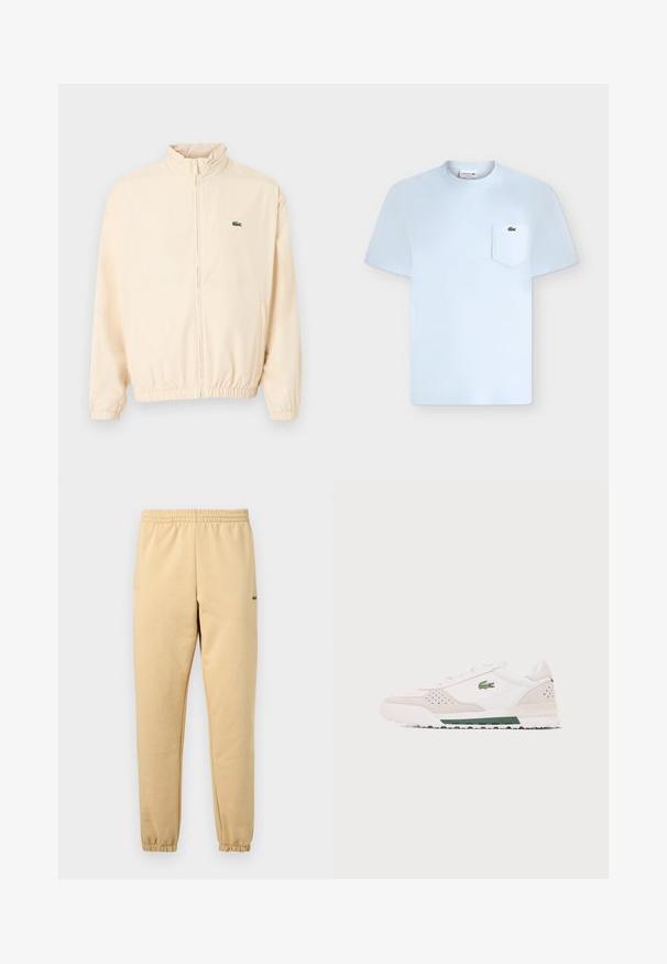 Veste beige à fermeture éclair avec poignets et ourlet élastiques, col montant, et petit logo crocodile vert sur le côté gauche de la poitrine.; T-shirt bleu clair à manches courtes et col rond avec une poche poitrine gauche affichant un petit logo crocodile vert.; Pantalon de jogging beige avec taille élastique et poignets, arborant un petit logo crocodile vert brodé sur la cuisse droite.; Baskets basses blanches et beiges avec un accent vert sur la semelle et un logo crocodile vert sur le côté, présentées sur un fond blanc uni.