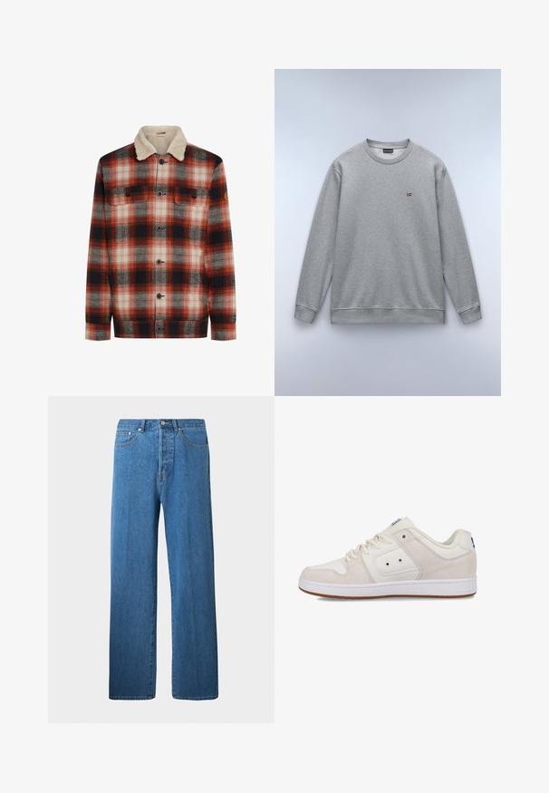 Rood, zwart en wit geruit jack met knopen aan de voorkant, twee borstzakken en een crèmekleurige sherpa-kraag.; Grijze sweatshirt gemaakt van zachte stof, met een ronde hals, lange mouwen en een klein Noors vlagdetail op de borst.; Lichtblauwe denim jeans met een rechte pijp. Voorzien van vijf zakken, een knoopsluiting en minimale stikseldetails.; Witte en lichtgrijze sneakers van suede en leer, met een ronde neus, rubberen zool, vetersluiting en subtiele logo-details.