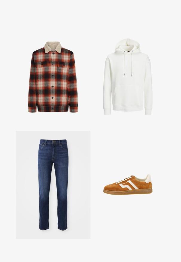 Rood, zwart en wit geruit jack met knopen aan de voorkant, twee borstzakken en een crèmekleurige sherpa-kraag.; Witte hoodie met een voorzak, een trekkoordkap, en ribbels bij de mouwen. Gemaakt van zachte stof met een gladde textuur.; Donkerblauwe denim jeans met een rechte pasvorm, voorzien van een klassieke vijf-pocketontwerp en metalen knoopsluiting. Subtiele vervaging details op de stof.; Bruine suède sneakers met witte lederen accenten, voorzien van een laag profiel, ronde neus en contrasterende strepen aan de zijkant. Vetersluiting.