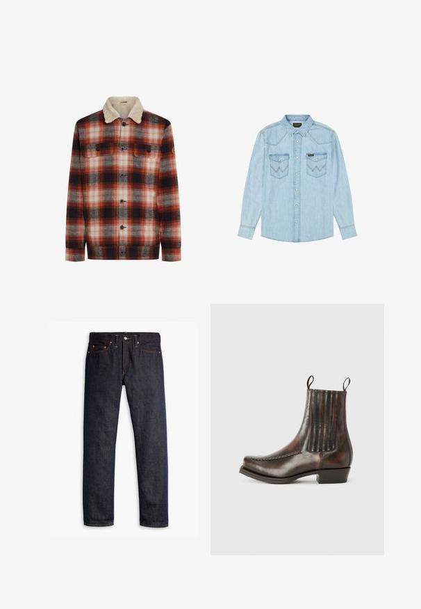 Rood, zwart en wit geruit jack met knopen aan de voorkant, twee borstzakken en een crèmekleurige sherpa-kraag.; Lichtblauwe denim blouse met lange mouwen en drukknopen, twee borstzakken met klep en zigzagstiksels, kraag en Wrangler-label.; Donkerblauwe spijkerbroek met een rechte pasvorm, vijf zakken, koperen klinknagels, gele stiksels en een duidelijke textuur in de stof.; Bordeaux lederen enkelboot met een gladde afwerking, elastische zijpanelen, een ronde neus, decoratieve stiksels en een lage blokhak.