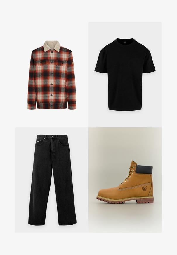 Rood, zwart en wit geruit jack met knopen aan de voorkant, twee borstzakken en een crèmekleurige sherpa-kraag.; Eenvoudig zwart katoenen T-shirt met korte mouwen, ronde hals en reguliere pasvorm, weergegeven op een lichtgrijze achtergrond.; Zwarte wijde jeans gemaakt van denim, met een knoopsluiting en voorzakken. Subtiel merklogo op de tailleband. Matte textuur.; Bruine leren enkellaars met zwarte kraag, gele veters en een zandkleurige zool. Voorzien van een logo en witte stikseldetails. Robuuste loopzool met grip.
