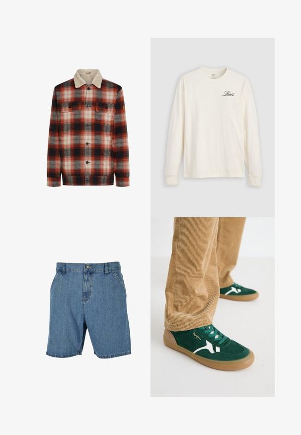 Rød, sort og hvid ternet jakke med knappelukning, to brystlommer og en cremefarvet sherpa-krave.; Hvid langærmet T-shirt med rund hals og lille sort "Levi's"-logo øverst til venstre på brystet, vist mod en lys grå baggrund.; Lette blå denimshorts med en afslappet pasform, der har en knaplukning, bæltestropper og dobbelt syning i kanten for holdbarhed.; Grønne svineder sko med hvide accenter og grønne snørebånd. Gummisål, rund tå og tan detaljer på hælen. Båret med fløjl bukser.