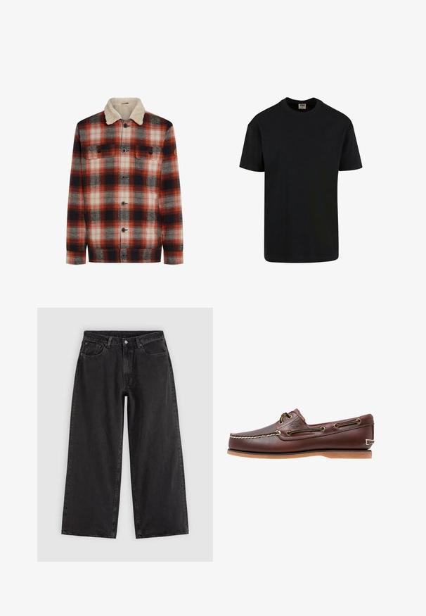 Rood, zwart en wit geruit jack met knopen aan de voorkant, twee borstzakken en een crèmekleurige sherpa-kraag.; Urban Classics SHORTSLEEVE - T-shirt basic - black; Zwarte wijde spijkerbroek met voorzakken, riemlussen en knoopsluiting, getoond op een effen lichte achtergrond.; Bruine leren bootschoen met witte stiksels, veterdetails en beige rubberen zool, zijaanzicht op een witte achtergrond.