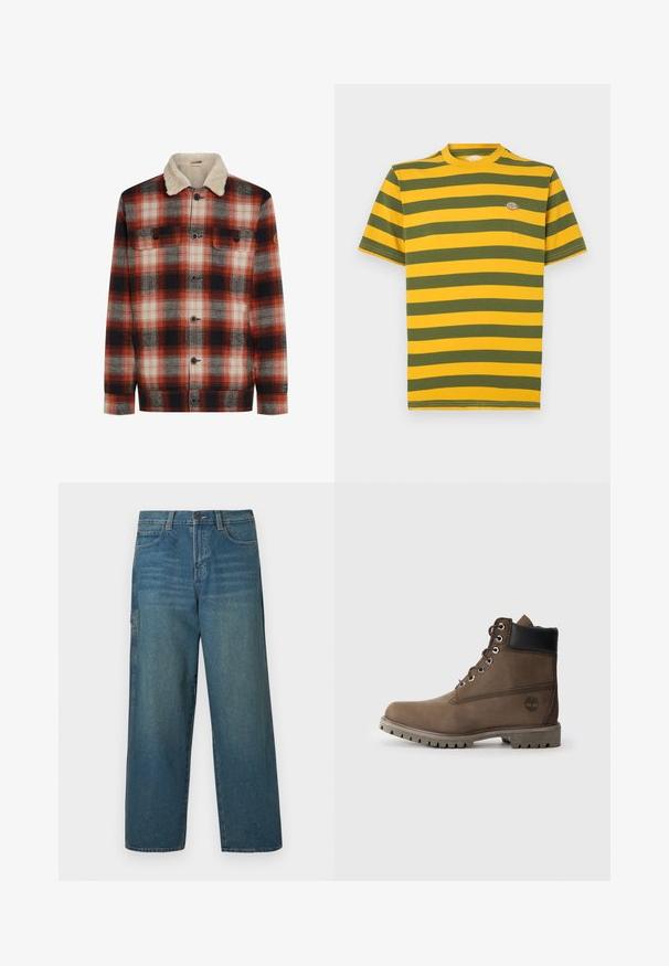 Rood, zwart en wit geruit jack met knopen aan de voorkant, twee borstzakken en een crèmekleurige sherpa-kraag.; T-shirt met korte mouwen in gele en groene horizontale strepen, met een ronde halslijn en een klein logodetail op de borst. Gemaakt van katoen.; Denim jeans in middelblauw met een losse pasvorm, rechte pijpen en een klassiek ontwerp met vijf zakken. Voorzien van riemlussen en een knoopsluiting.; Bruine leren enkelboot met zwarte kraag, metalen veterogen en een robuuste grijze zool. Beschikt over een logo aan de zijkant en gestikte details.