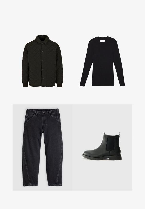 Chaqueta acolchada negra con cuello de solapa, cierre de botones a presión y puños acanalados. Presenta un patrón de diamantes en toda la tela.; Pier One MUSCLE FIT KNITJUMPER - Jersey de punto - black; Vaqueros de mezclilla negra con un corte holgado, con cinturilla estándar, diseño de cinco bolsillos y costuras en contraste a lo largo de las costuras.; Botas Chelsea de cuero negro con paneles laterales elásticos, lengüetas para tirar, puntera redondeada y suela de goma texturizada. Superficie lisa y diseño robusto.