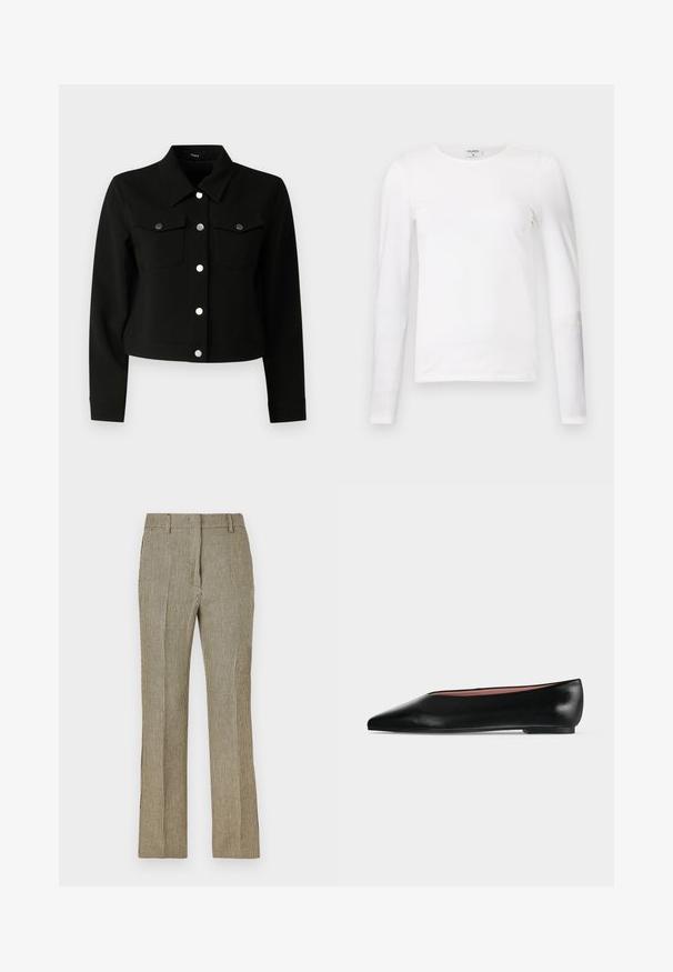 Veste noire cropped avec un col pointu, des manches longues, deux poches poitrine à rabat et des boutons pression argentés sur le devant.; T-shirt blanc à manches longues en coton doux, avec un col rond et une coupe ajustée, présentant des coutures propres et sans motifs visibles.; Pantalons ajustés à carreaux beiges et noirs avec une jambe droite, dotés de passants de ceinture et de poches latérales, fabriqués dans un tissu lisse.; Chaussure plate en cuir noir pour femme, avec bout pointu et petit talon, vue de côté sur un fond gris clair uni.