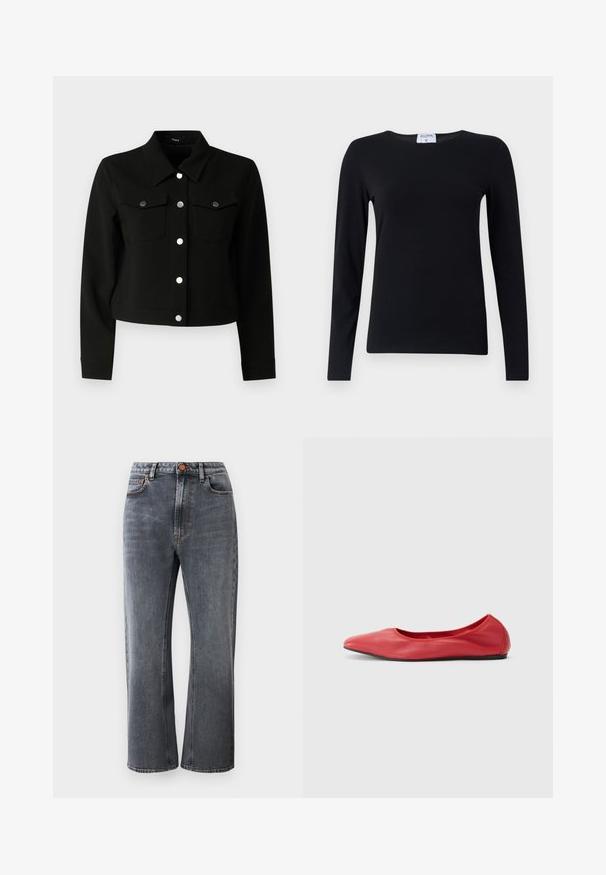 Veste noire cropped avec un col pointu, des manches longues, deux poches poitrine à rabat et des boutons pression argentés sur le devant.; Chemise noire à manches longues en tissu doux, avec un col rond, une coupe droite et des coutures minimales pour une apparence épurée.; Jean en denim gris foncé avec une taille haute, une coupe droite, cinq poches et des coutures orange contrastantes.; Filippa K REY FLATS - Ballerines - bright red