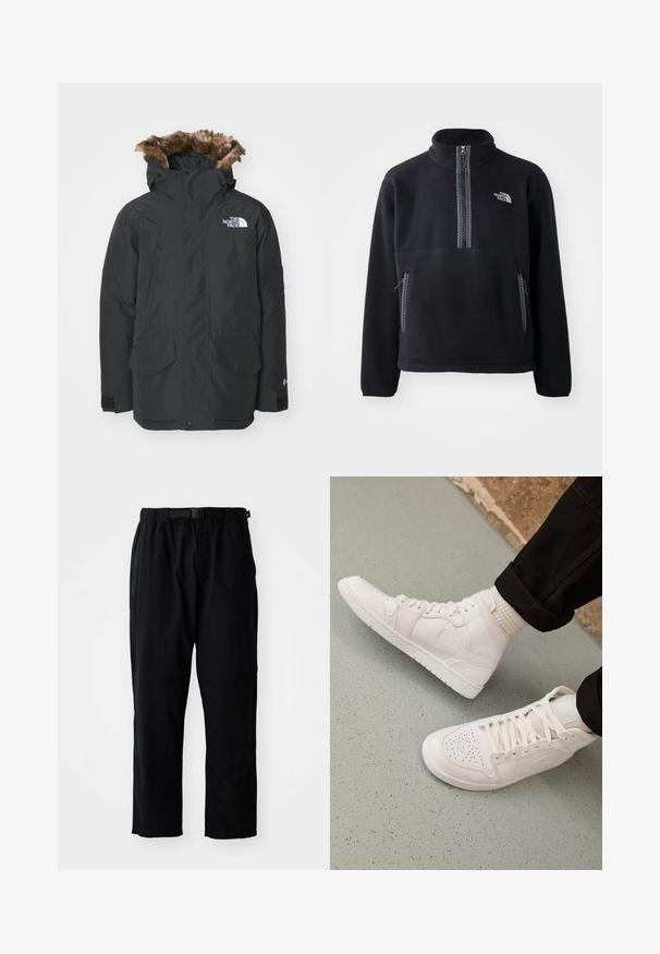 Zwarte parka jas met kunstbont gevoerde capuchon. Voorzien van twee voorzakken, een merklogo op de borst en verstelbare manchetten met klittenband.; Zwarte fleece half-zip pullover met hoge kraag, voorzien van een borstzak en twee zijzakken. Het ontwerp heeft een contrasterende ritsdetail.; Zwarte, lichtgewicht broek met een rechte snit, elastische tailleband, verstelbare riem en verstevigde kniepanden. Geen zichtbare patronen of accenten.; Witte hoge sneakers van glad leer met een geperforeerde teen, vetersluiting en subtiele logo-details aan de zijkant. Geprofileerde rubberen zool.