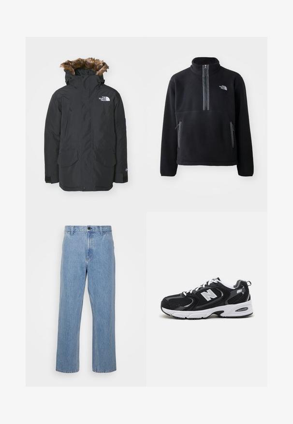 Sort parka-jakke med faux fur-fór i hætten. Har to frontlommer, mærke-logo på brystet og justerbare manchetter med velcro.; Sort fleece halv-zip pullover med høj krave, der har en brystlomme og to sidelommer. Designet inkluderer en kontrastfarvet lynlåsdetalje.; Lyseblå denim jeans med lige ben, vedhæftet med knaplukning og bæltestropper. Stoffet har en subtil falmet struktur.; Sorte og grå sportssko med mesh og ruskind på overdelen, der har en hvid mellemsål, snørebånd og et iøjnefaldende "N" logo på siden.
