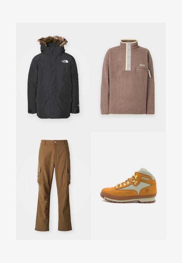Sort parka-jakke med faux fur-fór i hætten. Har to frontlommer, mærke-logo på brystet og justerbare manchetter med velcro.; Brun fleecepullover med knappelukning, lynlåslomme på brystet og lysegul kant ved krave og kant.; Brune cargo-bukser med lige snit, der har to sidelommer og lynlåslukning. Lavet af tekstureret stof med en glat finish.; Brun ruskinds vandrestøvle med lysegrå stofpaneler, guldøjer, gummisål og Timberland-logo præsenteret på hælen.