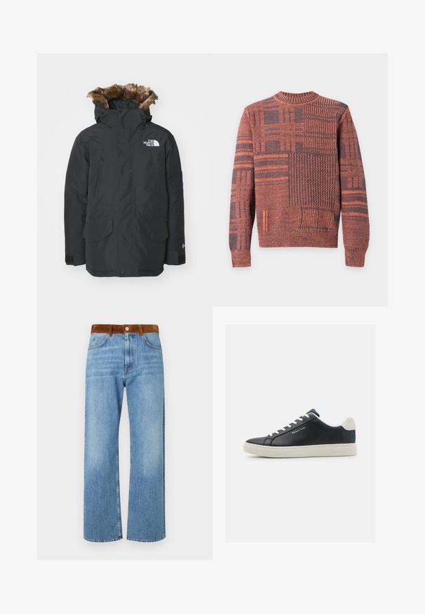 Zwarte parka jas met kunstbont gevoerde capuchon. Voorzien van twee voorzakken, een merklogo op de borst en verstelbare manchetten met klittenband.; Gebreide trui met lange mouwen met oranje en donkergrijze patchworkpatronen en een geribde hals, manchetten en zoom.; Lichtblauwe denim jeans met een rechte pijpdesign, voorzien van een bruine suède tailleband, voorzakken en een rits sluiting.; Zwarte leren sneaker met witte veters en rubberen zool. Bevat een accent in blauw, rood en groen gestreept bij de hiel. Inclusief gestikte details.