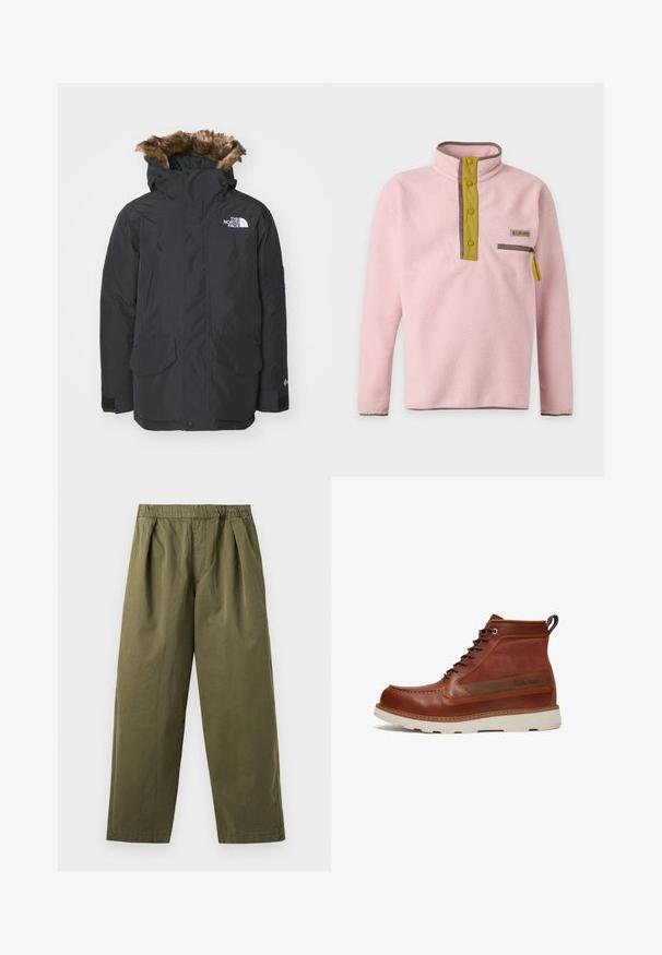 Sort parka-jakke med faux fur-fór i hætten. Har to frontlommer, mærke-logo på brystet og justerbare manchetter med velcro.; Lys lyserød fleece-trøje med høj krave, gul trykknaplukning og lynlåslomme på brystet med gul trækflig.; Olivengrønne bukser med vidde ben, elastisk talje og forreste læg, vist mod en lys baggrund.; Timberland Snørestøvletter - rust copper