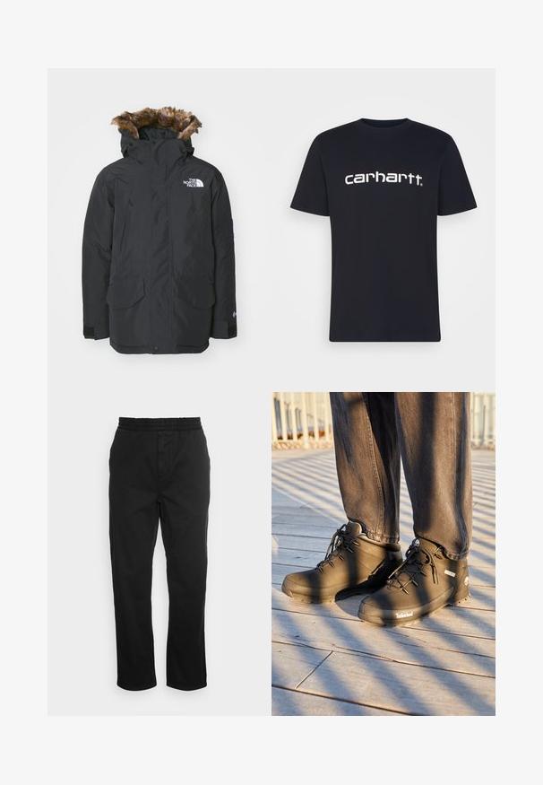 Sort parka-jakke med faux fur-fór i hætten. Har to frontlommer, mærke-logo på brystet og justerbare manchetter med velcro.; Sort bomulds T-shirt med korte ærmer og rund hals; har et hvidt "carhartt" logo trykt på brystet. Glat tekstur, enkelt design.; Sorte bomuldsbukser med elastisk talje, lige ben og sidelommer. Glat tekstur uden mønstre eller accenter.; Sorte Timberland vandrestøvler har et højt design, struktureret overflade og runde snørebånd, sat mod en trægulv baggrund.