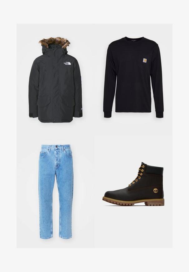 Sort parka-jakke med faux fur-fór i hætten. Har to frontlommer, mærke-logo på brystet og justerbare manchetter med velcro.; Sort langærmet skjorte lavet af bomuld. Har en brystlomme med en kvadratisk grå etiket og orange logo. Enkel, ensfarvet design.; Lyseblå denimjeans har en lige ben-design, fem lommer og en klassisk knaplukning i taljen.; Sorte læder ankelstøvle med gyldne øjer, brune detaljer og gummisål. Har en polstret krave og præget logo på siden.