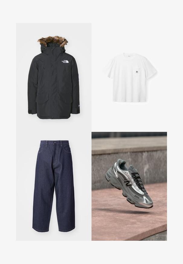 Sort parka-jakke med faux fur-fór i hætten. Har to frontlommer, mærke-logo på brystet og justerbare manchetter med velcro.; Hvid T-shirt med korte ærmer og rund halsudskæring, med en brystlomme, der har en lille sort logo og mærkenavn på lommen.; Mørkeblå denim jeans med en løs, bred ben-design. Funktioner inkluderer en knaplukning, frontlommer og synlige stikninger.; Grå og sølvfarvet New Balance-sneaker mærket "1000", der svæver over en rosafarvet stenet overflade med en grå stenvæg i baggrunden.