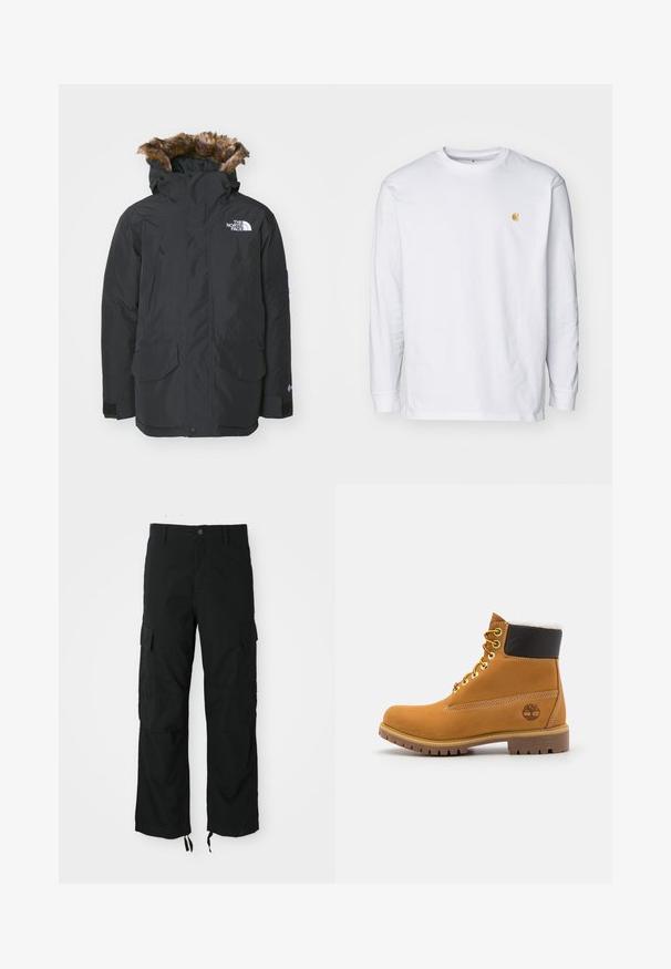 Sort parka-jakke med faux fur-fór i hætten. Har to frontlommer, mærke-logo på brystet og justerbare manchetter med velcro.; Hvid langærmet t-shirt lavet af bomuld. Har et lille gyldent logo på brystet og en rund halsudskæring. Enkel design og standard pasform.; Sorte cargo bukser lavet af slidstærkt stof, med to sidelommer, en knaplukning og justerbare nederste kanter for en løs og afslappet pasform.; Brune læder ankelstøvle med metaløjer, hvid pelsforing, sort polstret krave, robust sål og præget logo på siden.