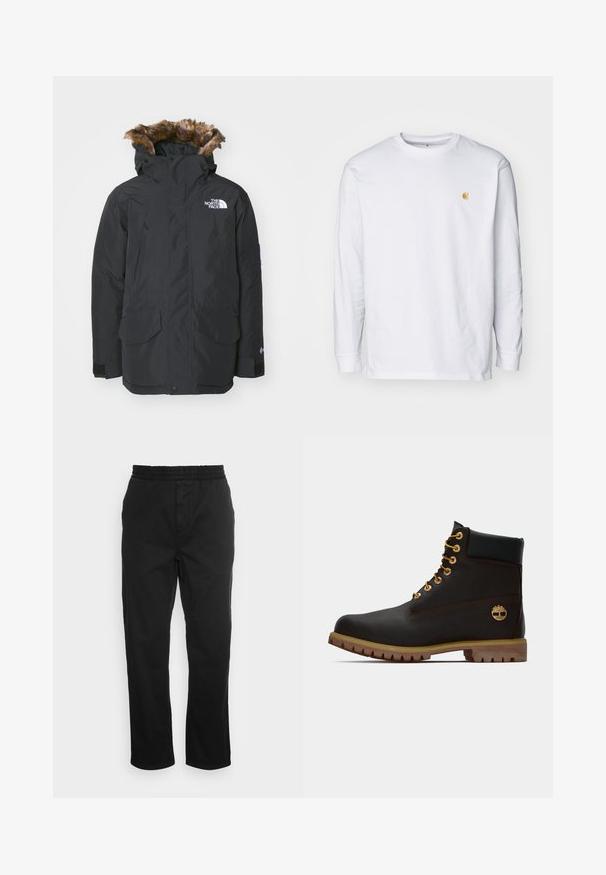 Musternahk parka jope valehtega karvase kapuutsiga. Omab kahte esist taskut, brändi logo rinnal ja reguleeritavad mansetid velcro'ga.; Valge pika varrukaga T-särk, mis on valmistatud puuvillast. Rinnal on väike kuldne logo ja ümar kaelus. Lihtne disain ja standardne lõige.; Must mustrid püksid elastse vöökohtaga, sirged sääred ja küljetaskud. Sile tekstuur ilma mustrite või aksessuaarideta.; Must have kuld moodustatud mustast nahast pahkluu saapad kullavärvi silmadega, pruuni aktsentidega ja kummitald. Omab pehmendatud krae ja kõrvale reljeefset logo.