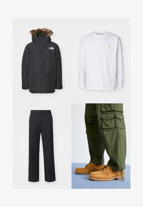 Musternahk parka jope valehtega karvase kapuutsiga. Omab kahte esist taskut, brändi logo rinnal ja reguleeritavad mansetid velcro'ga.; Valge pika varrukaga T-särk, mis on valmistatud puuvillast. Rinnal on väike kuldne logo ja ümar kaelus. Lihtne disain ja standardne lõige.; Mustad sirged püksid, mis on valmistatud puuvilla segust. Omab lamedat esiosa vööd koos vöökohtadega ja ilma nähtavate riistade või kaunistusteta.; Timberland AUTHENTIC 3 EYE - Purjetamiskingad - wheat
