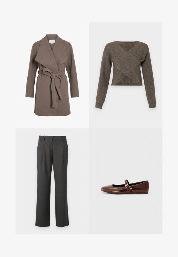 Brun bæltefrakke med en bred krave, lavet af et blødt stof. Har to forlommer og en afslappet pasform. Glat tekstur og enkelt design.; Brun crossover sweater med lange ærmer, ribbet tekstur og dyb v-udskæring, lavet af blødt strikkemateriale. Korte design.; Mørkegrå formelle bukser med lige ben, bæltestropper og frontfolder, præsenteret mod en hvid baggrund.; Brun patentlæder balletflade med firkantet tå og strop med en lille guldbuckle. Glat tekstur, lav hæl og minimalistisk design.