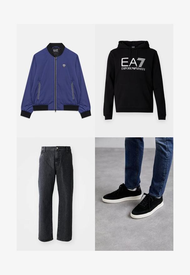Blå zip-up bomberjakke med sort krave, manchetter og kantbånd, frontlynlåste lommer og EA7-logo på brystet og indeni kraven.; Sort hættetrøje med frontlomme i kængurustil. Med fed hvid tekst "EA7 EMPORIO ARMANI" på brystet. Fremstillet af bomuldsblanding.; Sorte denim jeans med lige snit, med knaplukning, fem lommer og subtil tekstur. Klassisk design uden fremtrædende mønstre.; Sorte ruskind sneakers med en hvid gummisål, der har et klassisk low-top design, rundt tå og flade sorte snørebånd.