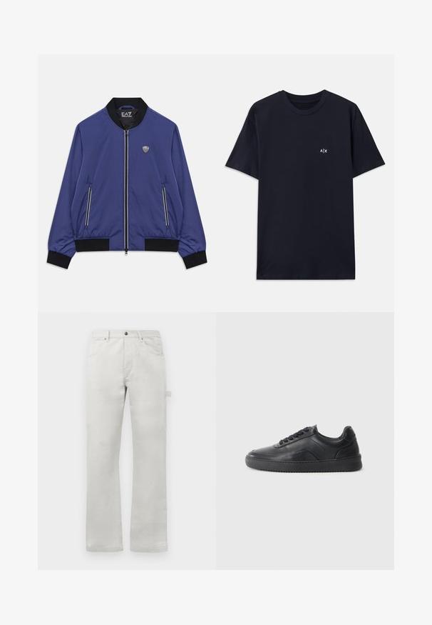 Blå zip-up bomberjakke med sort krave, manchetter og kantbånd, frontlynlåste lommer og EA7-logo på brystet og indeni kraven.; Mørkeblå bomulds T-shirt med korte ærmer og rund halsudskæring. Har et lille hvidt "A|X" logo på venstre brystområde.; Lys grå bukser med en lige pasform, lavet af glat bomuldsstof, med forlommer og en sidelomme.; Sorte lædersneakers med en glat finish, rund tå, struktureret sidelæder og sorte snørebånd. Har en flad gummisål og et minimalistisk design.