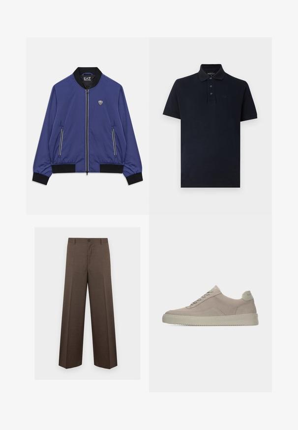 Blå zip-up bomberjakke med sort krave, manchetter og kantbånd, frontlynlåste lommer og EA7-logo på brystet og indeni kraven.; Sort poloshirt med korte ærmer, krave, tre knapper og diskret brandlogo på venstre bryst.; Brune skræddersyede bukser med brede ben, bæltestropper og knaplukning, vist fladt på en hvid baggrund.; Beige ruskindssneakers med en tekstureret finish, rund tå og tonale snørebånd. Har en tyk gummisål og diskret branding på hælen.
