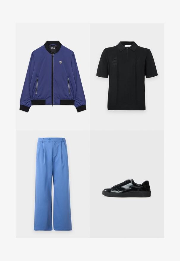 Blå zip-up bomberjakke med sort krave, manchetter og kantbånd, frontlynlåste lommer og EA7-logo på brystet og indeni kraven.; Sort polo shirt med korte ærmer, der har lynlåsåbning i halsen, tekstureret mønster på siderne og ribbet kant. Fremstillet af åndbart stof.; Blå brede bukser lavet af glat stof. Har en knaplukning og plisseringer foran. Flad talje og ingen lommer.; Sorte laklæder sneakers med rund tå, snørredesign, tekstureret gummisål og en glat overflade.