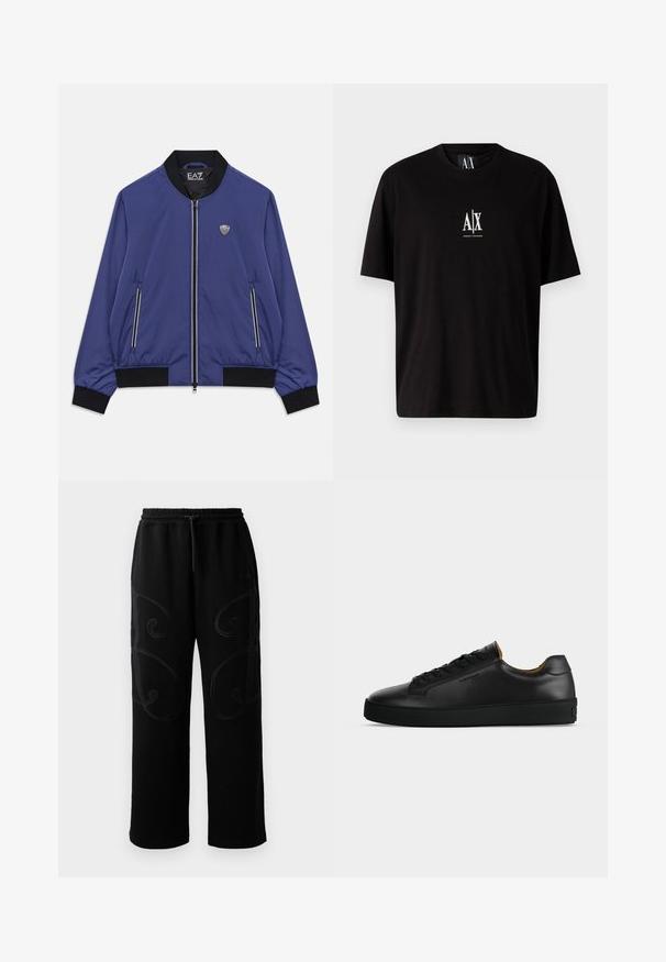 Blå zip-up bomberjakke med sort krave, manchetter og kantbånd, frontlynlåste lommer og EA7-logo på brystet og indeni kraven.; Sort bomulds T-shirt med korte ærmer, rund halsudskæring og et lille hvidt logo "A|X" centreret på brystet.; Sorte joggingbukser med en afslappet pasform, der har intrikate spiralmønstre i syningerne langs siderne samt en elastisk talje med snoretræk.; Sort lavtopet læder-sneaker med sorte snørebånd, tekstureret gummisål og lille præget logo på siden, vist i profil mod grå baggrund.