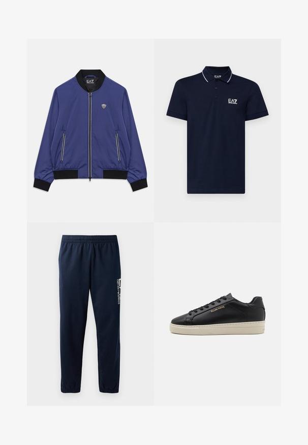 Modrá bomber bunda so zipsom, čiernym golierom, manžetami a pásom, prednými zipsovými vreckami a logom EA7 na hrudi a vo vnútri goliera.; Námornícky modré polo tričko vyrobené z bavlny s klasickým golierom, trojicou gombíkov a bielymi akcentmi okolo goliera a rukávov. Logo EA7 v bielej farbe.; Námornícky modré tepláky s elastickým pásom, zužujúcimi sa nohavicami a bielym logom na boku. Hladká látka s ľahkou textúrou.; Čierne kožené tenisky s hladkým povrchom, kontrastnou krémovou podrážkou, zaoblenou špičkou, zlatým logom na boku a šiestimi dierkami na šnúrky.