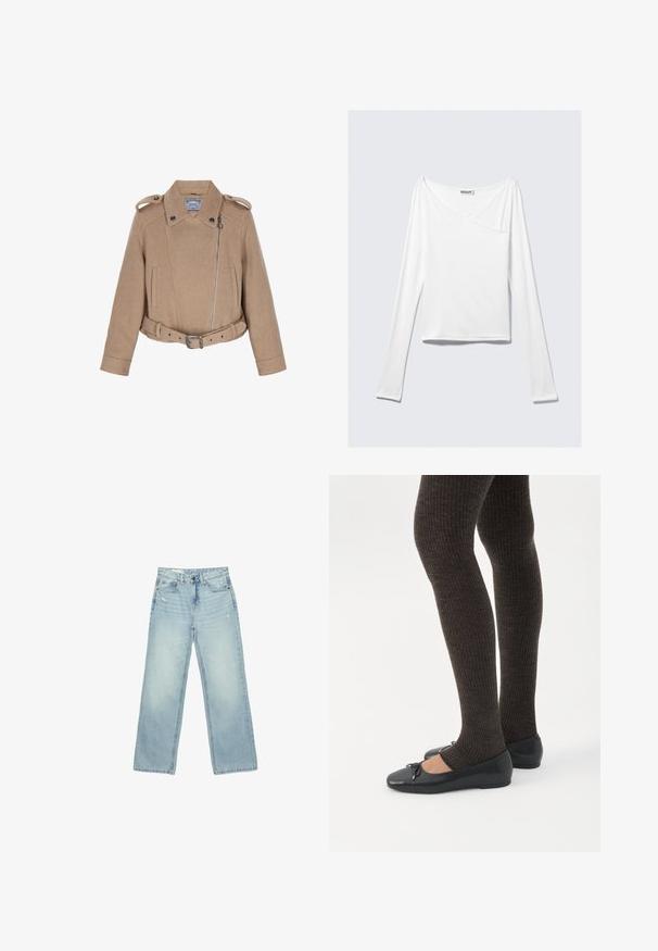 Veste courte en laine marron avec un col montant, un devant à double boutonnage, des poches latérales et une taille ceinturée ; présente des accents en métal.; Haut blanc à manches longues avec un design croisé et une poche. Fabriqué dans un tissu lisse et extensible. Coupé dans une coupe décontractée et ample.; Jean taille haute bleu clair à jambes larges, légèrement usé sur les poches avant et les cuisses, fermeture par boutons et design cinq poches.; Jambes portant des leggings côtelés foncés associés à des ballerines noires avec de petits détails en nœud sur fond blanc.